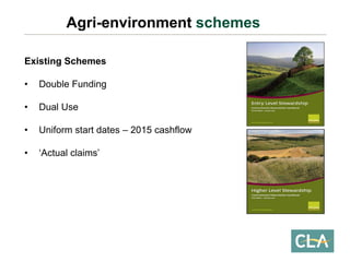 Agri-environmentschemes 
Existing Schemes 
•Double Funding 
•Dual Use 
•Uniform start dates –2015 cashflow 
•‘Actual claims’  