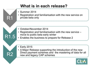 What is in each release? R1 
•Summer 2014 
•Registration and familiarisation with the new service on private beta onlyR1.5 
•October/November 2014 
•Registration and familiarisation with the new service – move to public beta early winter 
•Enables the business to prepare for Release 2R2 
•Early 2015 
•A Major Release supporting the introduction of the new Direct payment schemes andthe mastering of data for all new and legacy CAP schemes  