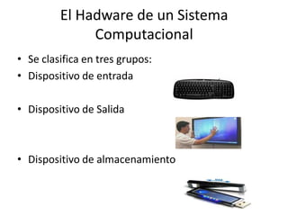 El Hadware de un Sistema
              Computacional
• Se clasifica en tres grupos:
• Dispositivo de entrada

• Dispositivo de Salida



• Dispositivo de almacenamiento
 