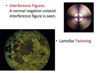 • Interference Figures
A normal negative uniaxial
interference figure is seen.
• Lamellar Twinning
 