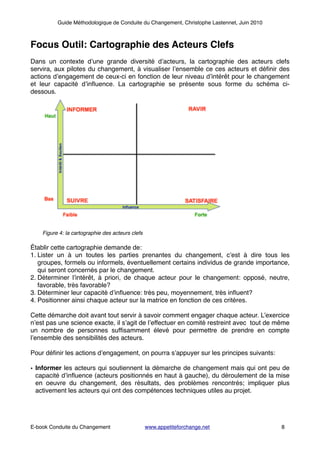 Guide Méthodologique de Conduite du Changement, Christophe Lastennet, Juin 2010
!
Focus Outil: Cartographie des Acteurs Clefs!
!
Dans un contexte d’une grande diversité d’acteurs, la cartographie des acteurs clefs
servira, aux pilotes du changement, à visualiser l’ensemble ce ces acteurs et déﬁnir des
actions d’engagement de ceux-ci en fonction de leur niveau d’intérêt pour le changement
et leur capacité d’inﬂuence. La cartographie se présente sous forme du schéma ci-
dessous.!
!
!
!
!
!
!
!
!
!
!
!
!
!
!
!
!
!! Figure 4: la cartographie des acteurs clefs!
!
Établir cette cartographie demande de:!
1. Lister un à un toutes les parties prenantes du changement, c’est à dire tous les
groupes, formels ou informels, éventuellement certains individus de grande importance,
qui seront concernés par le changement.!
2. Déterminer l’intérêt, à priori, de chaque acteur pour le changement: opposé, neutre,
favorable, très favorable? !
3. Déterminer leur capacité d’inﬂuence: très peu, moyennement, très inﬂuent?!
4. Positionner ainsi chaque acteur sur la matrice en fonction de ces critères.!
!
Cette démarche doit avant tout servir à savoir comment engager chaque acteur. L’exercice
n’est pas une science exacte, il s’agit de l’effectuer en comité restreint avec tout de même
un nombre de personnes sufﬁsamment élevé pour permettre de prendre en compte
l’ensemble des sensibilités des acteurs.!
!
Pour déﬁnir les actions d’engagement, on pourra s’appuyer sur les principes suivants:!
!
• Informer les acteurs qui soutiennent la démarche de changement mais qui ont peu de
capacité d’inﬂuence (acteurs positionnés en haut à gauche), du déroulement de la mise
en oeuvre du changement, des résultats, des problèmes rencontrés; impliquer plus
activement les acteurs qui ont des compétences techniques utiles au projet.!
!
! ! ! ! ! ! ! ! ! ! !
! ! ! ! ! ! ! ! ! ! ! ! ! !
E-book Conduite du Changement! ! www.appetiteforchange.net ! ! ! 8
 