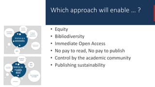 • Equity
• Bibliodiversity
• Immediate Open Access
• No pay to read, No pay to publish
• Control by the academic community...