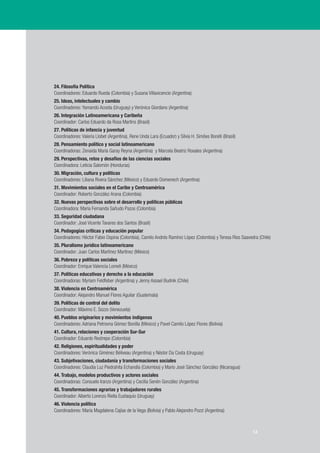 13
24. Filosofía Política
Coordinadores: Eduardo Rueda (Colombia) y Susana Villavicencio (Argentina)
25. Ideas, intelectuales y cambio
Coordinadores: Yamandú Acosta (Uruguay) y Verónica Giordano (Argentina)
26. Integración Latinoamericana y Caribeña
Coordinador: Carlos Eduardo da Rosa Martins (Brasil)
27. Políticas de infancia y juventud
Coordinadores: Valeria Llobet (Argentina), Rene Unda Lara (Ecuador) y Silvia H. Simões Borelli (Brasil)
28. Pensamiento político y social latinoamericano
Coordinadoras: Zenaida María Garay Reyna (Argentina) y Marcela Beatriz Rosales (Argentina)
29. Perspectivas, retos y desafíos de las ciencias sociales
Coordinadora: Leticia Salomón (Honduras)
30. Migración, cultura y políticas
Coordinadores: Liliana Rivera Sánchez (México) y Eduardo Domenech (Argentina)
31. Movimientos sociales en el Caribe y Centroamérica
Coordinador: Roberto González Arana (Colombia)
32. Nuevas perspectivas sobre el desarrollo y políticas públicas
Coordinadora: María Fernanda Sañudo Pazos (Colombia)
33. Seguridad ciudadana
Coordinador: José Vicente Tavares dos Santos (Brasil)
34. Pedagogías críticas y educación popular
Coordinadores: Héctor Fabio Ospina (Colombia), Camilo Andrés Ramírez López (Colombia) y Teresa Ríos Saavedra (Chile)
35. Pluralismo jurídico latinoamericano
Coordinador: Juan Carlos Martínez Martínez (México)
36. Pobreza y políticas sociales
Coordinador: Enrique Valencia Lomeli (México)
37. Políticas educativas y derecho a la educación
Coordinadoras: Myriam Feldfeber (Argentina) y Jenny Assael Budnik (Chile)
38. Violencia en Centroamérica
Coordinador: Alejandro Manuel Flores Aguilar (Guatemala)
39. Políticas de control del delito
Coordinador: Máximo E. Sozzo (Venezuela)
40. Pueblos originarios y movimientos indígenas
Coordinadores: Adriana Petrovna Gómez Bonilla (México) y Pavel Camilo López Flores (Bolivia)
41. Cultura, relaciones y cooperación Sur-Sur
Coordinador: Eduardo Restrepo (Colombia)
42. Religiones, espiritualidades y poder
Coordinadores: Verónica Giménez Béliveau (Argentina) y Néstor Da Costa (Uruguay)
43. Subjetivaciones, ciudadanía y transformaciones sociales
Coordinadores: Claudia Luz Piedrahita Echandía (Colombia) y Mario José Sánchez González (Nicaragua)
44. Trabajo, modelos productivos y actores sociales
Coordinadoras: Consuelo Iranzo (Argentina) y Cecilia Senén González (Argentina)
45. Transformaciones agrarias y trabajadores rurales
Coordinador: Alberto Lorenzo Riella Eustaquio (Uruguay)
46. Violencia política
Coordinadores: María Magdalena Cajías de la Vega (Bolivia) y Pablo Alejandro Pozzi (Argentina)
13
 