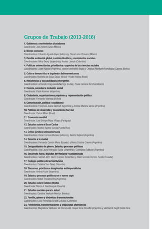 CLACSO
Grupos de Trabajo (2013-2016)
1. Gobiernos y movimientos ciudadanos
Coordinador: Julio Alberto Aibar (México)
2. Bi...