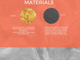 MATERIALS
ONYX
SLATE
TRANSLUCENT, CAN RANGE
FROM GOLD AND ORANGES
TO GREEN.
APPLICATIONS : WALL AND
DECORATIVE
CHARACTER: ROUGH TEXTURE,
MOSTLY GREYS, BUT SOME
VARIETIES HAVE DRAMATIC
SOME COLOR VARIATION.
GREAT FOR OUTDOOR USE
 
