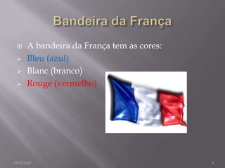 




A bandeira da França tem as cores:
Bleu (azul)
Blanc (branco)
Rouge (vermelho)

18-01-2014

6

 