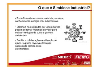 • Troca física de recursos - materiais, serviços,
conhecimento, energia e/ou subprodutos.
O que é Simbiose Industrial?
• Materiais não utilizados por uma empresa
podem se tornar materiais de valor para
outras – redução de custo e ganhos
ambientais.ambientais.
• Facilita a colaboração na utilização de
ativos, logística reversa e troca de
capacidade técnica entre
as empresas.
 