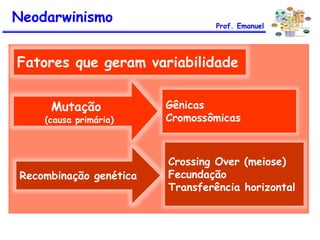 Fatores que geram variabilidade
Crossing Over (meiose)
Fecundação
Transferência horizontal
Recombinação genética
Mutação
(causa primária)
Gênicas
Cromossômicas
Neodarwinismo Prof. Emanuel
 