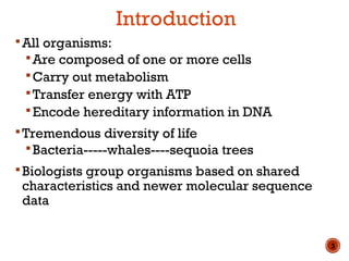 Introduction
All organisms:
Are composed of one or more cells
Carry out metabolism
Transfer energy with ATP
Encode hereditary information in DNA
Tremendous diversity of life
Bacteria-----whales----sequoia trees
Biologists group organisms based on shared
characteristics and newer molecular sequence
data
3
 