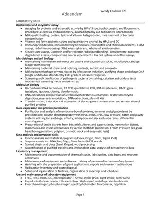 Wendy Cladman CV
                                    Addendum
Laboratory Skills
Biochemical and enzymatic assays
    Assaying for proteins and enzymatic activity by UV-VIS spectrophotometric and fluorometric
       procedures as well as by densitometry, autoradiography and radioactive incorporation
    Milk quality testing: protein, lipid and Vitamin A degradation, measurement of bacterial
       contamination
    Vitamin and fatty acid extractions and quantitative analysis by HPLC and GC
    Immunoprecipitations, immunoblotting techniques (colorimetric and chemiluminescent), ELISA
       assays, radioimmuno assays (RIA), electrophoresis, whole cell electroelution
    Steady state assays, G protein and/or receptor radioligand binding, densitometry, substrate
       degradation assays, complex time course experiments, live cell uptake and efflux assays,
Microbiology and cell biology
    Maintaining mammalian and insect cell culture and baculovirus stocks, microscopy, cabbage
       looper moth rearing
    Maintaining bacterial strains and isolating mutants, aerobic and anaerobic
    Making bacteriophage or virus lysates by infection or induction, purifying phage and phage DNA
       (single and double stranded) by CsCl gradient ultracentrifugation
    Screening and classification of pathogenic bacteria by staining, catalase and oxidase tests,
       biochemical screening media and API strips
Molecular biology
    Recombinant DNA techniques, RT PCR, quantitative PCR, RNA interference, RACE, gene
       isolations, ligations, cloning, bioinformatics
    RNA extractions and purifications from invertebrate tissue samples, restriction enzyme
       digestions, reverse transcriptions, DNA extractions, plasmid kits
    Transformation, induction and expression of cloned genes, denaturation and renaturation of
       purified proteins
Gene expression and protein purification
    Purification and analysis of membrane-bound proteins, enzymes and glycoproteins by
       precipitations; column chromatography with HPLC, HRLC, FPLC, low pressure, batch and gravity
       systems utilizing ion exchange, affinity, adsorption and size exclusion resins; differential
       centrifugation
    Preparation of crude extracts from bacterial cultures and supernatants, mammalian tissues,
       mammalian and insect cell cultures by various methods (sonication, French Pressure cell, glass
       bead homogenization, polytron, osmotic shock and enzymatic lysis)
Data analysis and computer skills
    Kinetic analysis and statistical programs (Anova, Origin, Prism, Sigma Plot)
    Sequence analysis: DNA Star, Oligo, Gene Bank, BLAST search
    Spread sheets and plots (Excel, Origin), word processing
    Quantification of purified proteins and immunoblot data, analysis of densitometric data
Laboratory management
    Maintenance and documentation of chemical stocks, lab supplies, data bases and resource
       collections
    Maintenance of equipment and software; training of personnel in the use of equipment
    Assisting with the preparation of grant applications, reports and research publications
    Radioactive inventory and waste disposal
    Setup and organization of facilities, organization of meetings and schedules
Use and maintenance of laboratory equipment
    FPLC, HPLC, HRLC, GC, electroporator, Thermal cycler (PCR), Light cycler, Rotor Gene
    Liquid scintillation counter, Ultracentrifuge, High-speed centrifuge, electrophoresis
    Fluorchem imager, phospho-imager, spectrophotometer, fluorometer, lyophilizer


                                               Page 4
 