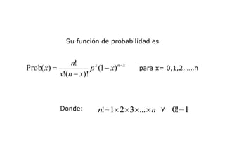 Su función de probabilidad es
para x= 0,1,2,….,n
Donde: y
x
n
x
x
p
x
n
x
n
x 


 )
1
(
)!
(
!
!
)
(
Prob
n
n 



 ...
3
2
1
! 1
!
0 
 