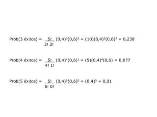Prob(3 éxitos) = 5! (0,4)3(0,6)2 = (10)(0,4)3(0,6)2 = 0,230
3! 2!
Prob(4 éxitos) = 5! (0,4)4(0,6)1 = (5)(0,4)4(0,6) = 0,077
4! 1!
Prob(5 éxitos) = 5! (0,4)5(0,6)0 = (0,4)5 = 0,01
5! 0!
 
