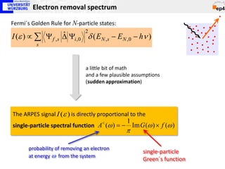Electron removal spectrum

Fermi´s Golden Rule for N-particle states:
                               2
I (ε ) ∝ ∑ Ψ f , s   ∆ Ψi ,0 δ ( E N , s − E N ,0 − hν )
                     ˆ
          s



                               a little bit of math
                               and a few plausible assumptions
                               (sudden approximation)




The ARPES signal I (ε ) is directly proportional to the
                                   <            1
single-particle spectral function A (ω ) = −        Im G (ω ) × f (ω )
                                               π

       probability of removing an electron
                                                        single-particle
       at energy ω from the system
                                                        Green´s function
 