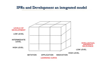 IPRs and DDeevveellooppmmeenntt aann iinntteeggrraatteedd mmooddeell 
LEVELS OF 
DEVELOPMENT 
LOW LEVEL 
INTERMEDIATE 
LEVEL 
HIGH LEVEL 
INTELLECTUAL 
PROPERTY 
RELEVANCE 
LOW LEVEL 
HIGH LEVEL 
IMITATION APPLICATION INNOVATION 
LEARNING CURVE 
 