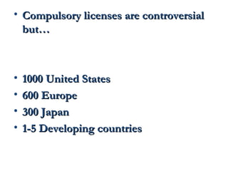 • CCoommppuullssoorryy lliicceennsseess aarree ccoonnttrroovveerrssiiaall 
bbuutt…… 
• 11000000 UUnniitteedd SSttaatteess 
• 660000 EEuurrooppee 
• 330000 JJaappaann 
• 11--55 DDeevveellooppiinngg ccoouunnttrriieess 
 