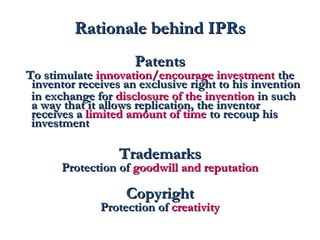 RRaattiioonnaallee bbeehhiinndd IIPPRRss 
PPaatteennttss 
TToo ssttiimmuullaattee iinnnnoovvaattiioonn//eennccoouurraaggee iinnvveessttmmeenntt tthhee 
iinnvveennttoorr rreecceeiivveess aann eexxcclluussiivvee rriigghhtt ttoo hhiiss iinnvveennttiioonn 
iinn eexxcchhaannggee ffoorr ddiisscclloossuurree ooff tthhee iinnvveennttiioonn iinn ssuucchh 
aa wwaayy tthhaatt iitt aalllloowwss rreepplliiccaattiioonn,, tthhee iinnvveennttoorr 
rreecceeiivveess aa lliimmiitteedd aammoouunntt ooff ttiimmee ttoo rreeccoouupp hhiiss 
iinnvveessttmmeenntt 
TTrraaddeemmaarrkkss 
PPrrootteeccttiioonn ooff ggooooddwwiillll aanndd rreeppuuttaattiioonn 
CCooppyyrriigghhtt 
PPrrootteeccttiioonn ooff ccrreeaattiivviittyy 
 
