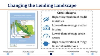 Introduction PERC Research Canada Future Research Key Takeaways
Changing the Lending Landscape
Credit deserts
High concentration of credit
invisibles
Lower-than-average median
income
Lower-than-average credit
scores
High concentration of fringe
financial institutions
 