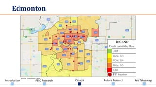 Introduction PERC Research Canada Future Research Key Takeaways
Edmonton
lLEGEND
Credit Invisibility Rate
<0.2
0.2 to 0.3
0.3 to 0.4
0.4 to 0.5
>0.5
FFI location
Source: TransUnion Canada
 