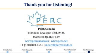 Introduction PERC Research Canada Future Research Key Takeaways
Thank you for listening!
PERC Canada
800 Rene Levesque Blvd, #425
Montreal, QC H3B 1X9
www.perccanada.ca | www.perc.net
+1 (438) 800-1556 | moore@perccanada.ca
 