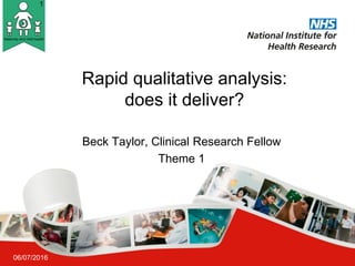 Rapid qualitative analysis:
does it deliver?
Beck Taylor, Clinical Research Fellow
Theme 1
06/07/2016
 