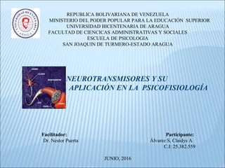 REPUBLICA BOLIVARIANA DE VENEZUELA
MINISTERIO DEL PODER POPULAR PARA LA EDUCACIÓN SUPERIOR
UNIVERSIDAD BICENTENARIA DE ARAGUA
FACULTAD DE CIENCICAS ADMINISTRATIVAS Y SOCIALES
ESCUELA DE PSICOLOGIA
SAN JOAQUIN DE TURMERO-ESTADO ARAGUA
NEUROTRANSMISORES Y SU
APLICACIÓN EN LA PSICOFISIOLOGÍA
Facilitador: Participante:
Dr. Nestor Puerta Álvarez S, Claidys A
C.I: 25.382.559
JUNIO, 2016
 