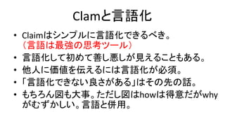 Claimと言語化
• Claimはシンプルに言語化できるべき（言語は最強の思考ツール）
– ジョブズとエレベータに乗り合わせて降りるまでにやっていることの価値を説
明できないとクビという都市伝説があった。。
• 言語化して初めて善し悪しが見えることもある
– 書き下してみると意外に当たり前ということもあるし、逆に発想が広がること
もある。
• 他人(あるいは自分自身）に価値を伝えるには言語化が必須
– 「言語化できない良さがある」はその先の話。言語化の努力を放棄する言い訳
にはならない。
– もちろん図も大事。ただし図はhowは得意だがwhyがむずかしい。言語と併用
して相補的に使うとよい。
 