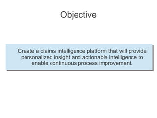 Objective 
Create a claims intelligence platform that will provide 
personalized insight and actionable intelligence to 
enable continuous process improvement. 
 