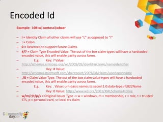 Encoded Id
 Example: i:0#.w|contosowbaer

 –   i = Identity Claim all other claims will use “c” as opposed to “i”
 –   : = Colon
 –   0 = Reserved to support future Claims
 –   #/? = Claim Type Encoded Value. The out of the box claim types will have a hardcoded
     encoded value, this will enable parity across farms.
 –            E.g.     Key: ? Value:
     http://schemas.xmlsoap.org/ws/2005/05/identity/claims/nameidentifier
 –                     Key: # Value:
     http://schemas.microsoft.com/sharepoint/2009/08/claims/userlogonname
 –   ./0 = Claim Value Type. The out of the box claim value types will have a hardcoded
     encoded value, this will enable parity across farms.
 –            E.g.     Key: . Value: urn:oasis:names:tc:xacml:1.0:data-type:rfc822Name
 –                     Key: 0 Value: http://www.w3.org/2001/XMLSchema#string
 –   w/m/r/t/p/s = Original Issuer Type -> w = windows, m = membership, r = role, t = trusted
     STS, p = personal card, s= local sts claim
 