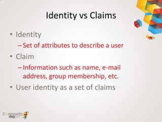 Identity vs Claims
• Identity
  – Set of attributes to describe a user
• Claim
  – Information such as name, e-mail
    address, group membership, etc.
• User identity as a set of claims
 
