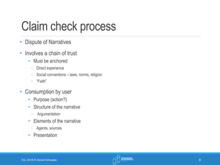 Claim check process
• Dispute of Narratives
• Involves a chain of trust
• Must be anchored
◦ Direct experience
◦ Social co...