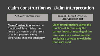 Claim Construction vs. Claim Interpretation
Claim Construction: serves the
function of determining the
linguistic meaning of the terms
used in a patent claim by
eliminating linguistic ambiguity
Claim Interpretation: serves the
function of determining the
correct linguistic meaning of the
terms used in a patent claim by
analyzing a context in which the
terms are used
Ambiguity vs. Vagueness Semantic Context of Text vs.
Legal Context of Text
 