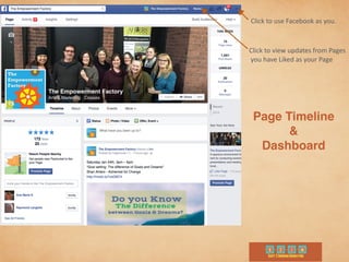 Page Timeline
&
Dashboard
Click	
  to	
  use	
  Facebook	
  as	
  you.
Click	
  to	
  view	
  updates	
  from	
  Pages	
  
	
  you	
  have	
  Liked	
  as	
  your	
  Page
 