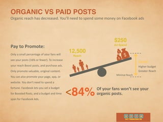 ORGANIC VS PAID POSTS	
  
Organic	
  reach	
  has	
  decreased.	
  You’ll	
  need	
  to	
  spend	
  some	
  money	
  on	
  Facebook	
  ads
Level	
  	
  
Higher	
  budget	
  
Greater	
  Reach
<84% Of	
  your	
  fans	
  won’t	
  see	
  your	
  
organic	
  posts.
Minimal	
  Reach
12,500	
  
Reach
$250	
  
Ad Spend
Pay	
  to	
  Promote:	
  
Only	
  a	
  small	
  percentage	
  of	
  your	
  fans	
  will	
  
see	
  your	
  posts	
  (16%	
  or	
  fewer).	
  To	
  increase	
  
your	
  reach	
  Boost	
  posts,	
  and	
  purchase	
  ads.	
  
Only	
  promote	
  valuable,	
  original	
  content.	
  
You	
  can	
  also	
  promote	
  your	
  page,	
  app,	
  or	
  
website.	
  You	
  don’t	
  need	
  to	
  spend	
  a	
  
fortune.	
  Facebook	
  lets	
  you	
  set	
  a	
  budget	
  
for	
  Boosted	
  Posts,	
  and	
  a	
  budget	
  and	
  9me	
  
span	
  for	
  Facebook	
  Ads.
 