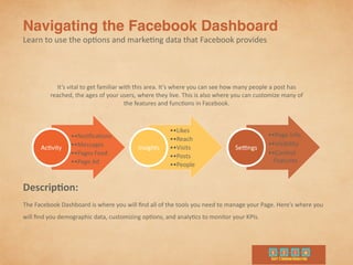 Navigating the Facebook Dashboard	
  
Learn	
  to	
  use	
  the	
  op9ons	
  and	
  marke9ng	
  data	
  that	
  Facebook	
  provides
Descrip-on:	
  
The	
  Facebook	
  Dashboard	
  is	
  where	
  you	
  will	
  ﬁnd	
  all	
  of	
  the	
  tools	
  you	
  need	
  to	
  manage	
  your	
  Page.	
  Here’s	
  where	
  you	
  
will	
  ﬁnd	
  you	
  demographic	
  data,	
  customizing	
  op9ons,	
  and	
  analy9cs	
  to	
  monitor	
  your	
  KPIs.
It’s	
  vital	
  to	
  get	
  familiar	
  with	
  this	
  area.	
  It’s	
  where	
  you	
  can	
  see	
  how	
  many	
  people	
  a	
  post	
  has	
  
reached,	
  the	
  ages	
  of	
  your	
  users,	
  where	
  they	
  live.	
  This	
  is	
  also	
  where	
  you	
  can	
  customize	
  many	
  of	
  
the	
  features	
  and	
  func9ons	
  in	
  Facebook.
••No9ﬁca9ons	
  
••Messages	
  
••Pages	
  Feed	
  
••Page	
  Ad	
  
Ac9vity
••Likes	
  
••Reach	
  
••Visits	
  
••Posts	
  
••People
Insights
••Page	
  Info	
  
••Visibility	
  
••Control	
  
Features
Semngs
 