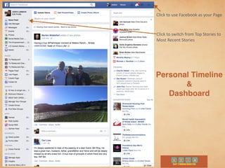 Personal Timeline
&
Dashboard
Click	
  to	
  use	
  Facebook	
  as	
  your	
  Page
Click	
  to	
  switch	
  from	
  Top	
  Stories	
  to	
  
Most	
  Recent	
  Stories
 