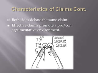 Characteristics of Claims Cont. Both sides debate the same claim.Effective claims promote a pro/con argumentative environment.
