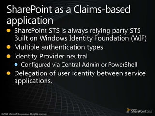 SharePoint as a Claims-based applicationSharePoint STS is always relying party STS Built on Windows Identity Foundation (WIF)Multiple authentication typesIdentity Provider neutralConfigured via Central Admin or PowerShell Delegation of user identity between service applications. 