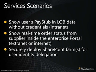 Services ScenariosShow user’s PayStub in LOB data without credentials (intranet)Show real-time order status from supplier inside the enterprise Portal (extranet or internet)Securely deploy SharePoint farm(s) for user identity delegation