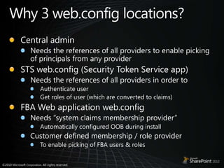 Why 3 web.config locations?Central adminNeeds the references of all providers to enable picking of principals from any providerSTS web.config (Security Token Service app)Needs the references of all providers in order toAuthenticate userGet roles of user (which are converted to claims) FBA Web application web.configNeeds “system claims membership provider” Automatically configured OOB during installCustomer defined membership / role providerTo enable picking of FBA users & roles