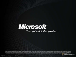 © 2009 Microsoft Corporation. All rights reserved. Microsoft, Windows, Windows Vista and other product names are or may be registered trademarks and/or trademarks in the U.S. and/or other countries.The information herein is for informational purposes only and represents the current view of Microsoft Corporation as of the date of this presentation.  Because Microsoft must respond to changing market conditions, it should not be interpreted to be a commitment on the part of Microsoft, and Microsoft cannot guarantee the accuracy of any information provided after the date of this presentation.  MICROSOFT MAKES NO WARRANTIES, EXPRESS, IMPLIED OR STATUTORY, AS TO THE INFORMATION IN THIS PRESENTATION.