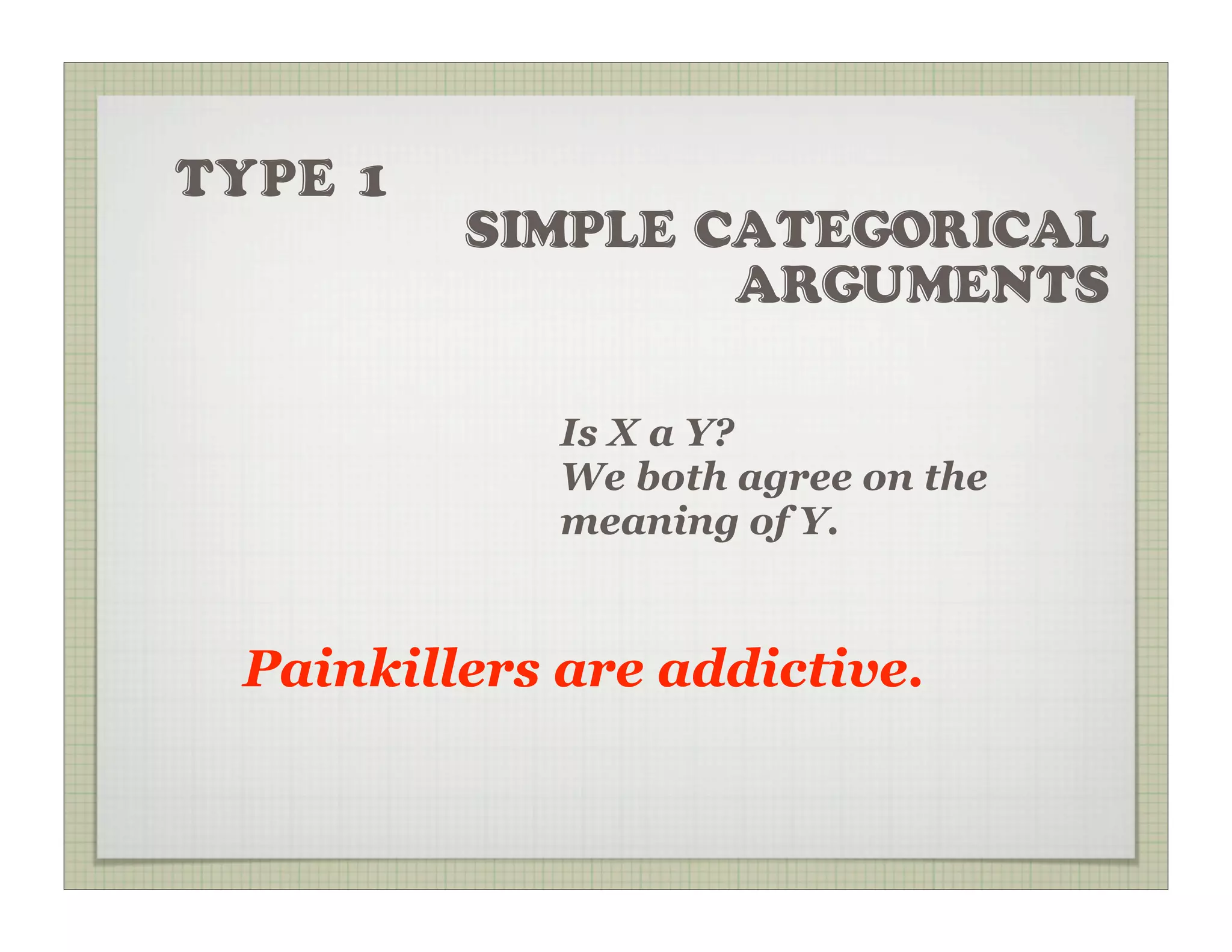 TYPE 1
         SIMPLE CATEGORICAL
                 ARGUMENTS

             Is X a Y?
             We both agree on the
             meaning of Y.


 Painkillers are addictive.
 