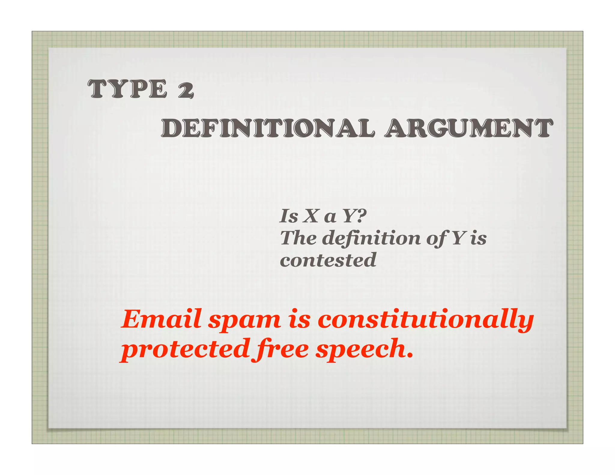 TYPE 2
    DEFINITIONAL ARGUMENT


            Is X a Y?
            The definition of Y is
            contested


 Email spam is constitutionally
 protected free speech.
 