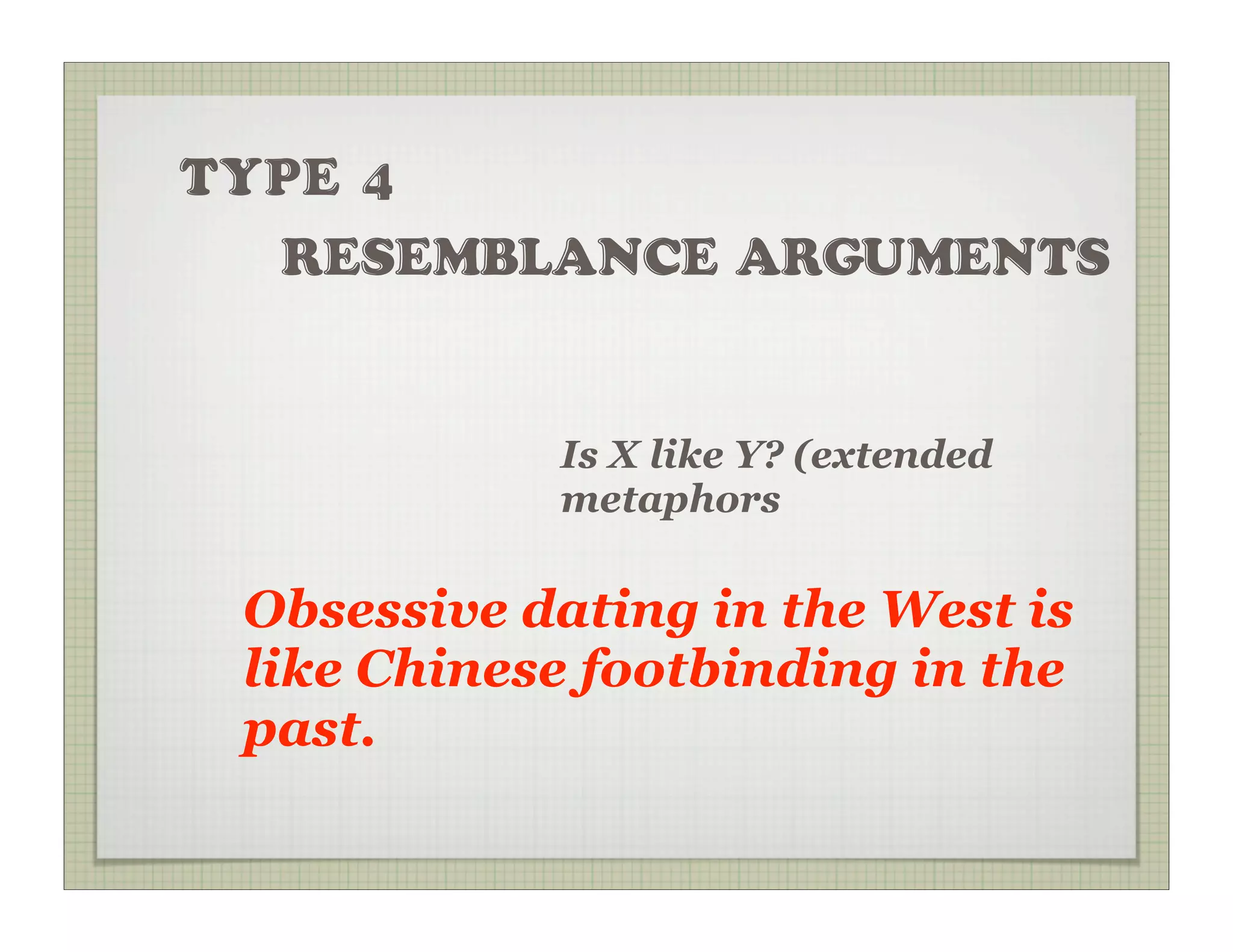 TYPE 4
  RESEMBLANCE ARGUMENTS


            Is X like Y? (extended
            metaphors

 Obsessive dating in the West is
 like Chinese footbinding in the
 past.
 