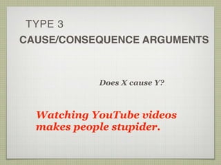 TYPE 3
CAUSE/CONSEQUENCE ARGUMENTS
Does X cause Y?
Watching YouTube videos
makes people stupider.
 
