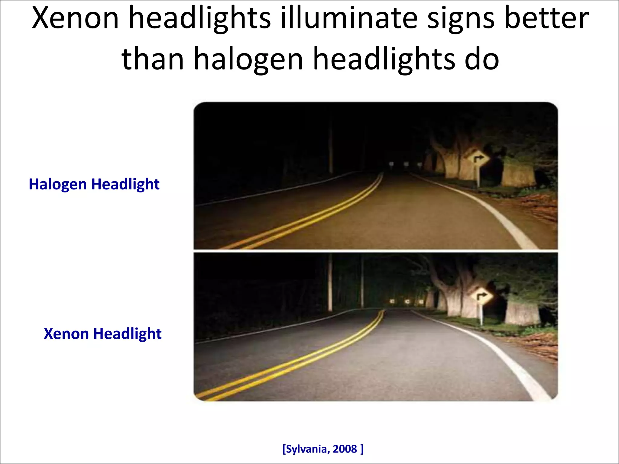 Standard HalogenXenonXenon headlights illuminate signs better than halogen headlights doHalogen HeadlightSilverStar Ultra TMXenon Headlight[Sylvania, 2008 ]