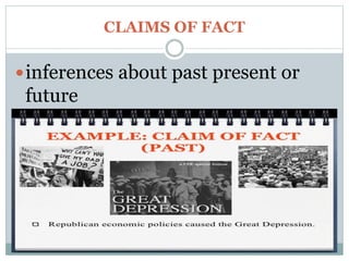 CLAIMS OF FACT
inferences about past present or
future
 