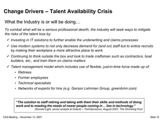 Change Drivers – Talent Availability Crisis
 What the Industry is or will be doing…
 To combat what will be a serious professional dearth, the industry will seek ways to mitigate
 the risks of the talent loss by:
  ü Investing in IT solutions to further enable the underwriting and claims processes
  ü Use modern systems to not only decrease demand for (and on) staff but to entice recruits
    by making their workplace a more attractive place to work.
  ü Continuing to think outside the box and look to trade craftsman such as contractors, boat
    builders, etc., and train them on claims matters
  ü Talent management model which includes use of flexible, just-in-time force made up of:
         • Retirees
         • Former employees
         • Technical specialists
         • Networks of experts for hire (e.g. Gerson Lehrman Group, greenbrim.com)



          “The solution to staff retiring and taking with them their skills and methods of doing
          work and to meeting the needs of newer people coming in… lies in technology.”
                         (Donald Light, senior analyst at Celent) – Techdecisions, August 2007, The Shrinking Pool

CAS Meeting – November 13, 2007                                                                                      Slide 14
 