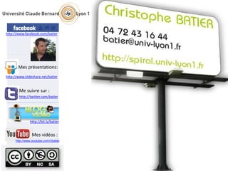 http://twitter.com/batier
Me suivre sur :
http://bit.ly/batier
http://www.facebook.com/batier
http://www.slideshare.net/batier
Mes présentations:
http://www.youtube.com/cbatier
Mes vidéos :
 