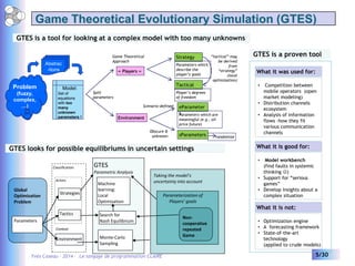 Game Theoretical Evolutionary Simulation (GTES)
GTES is a tool for looking at a complex model with too many unknowns
Game ...