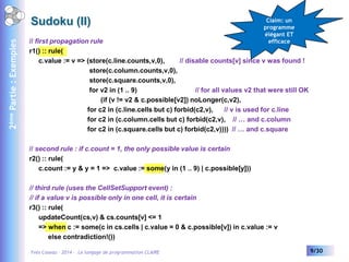 2ème Partie : Exemples

Sudoku (II)

Claim: un
programme
élégant ET
efficace

// first propagation rule
r1() :: rule(
c.va...